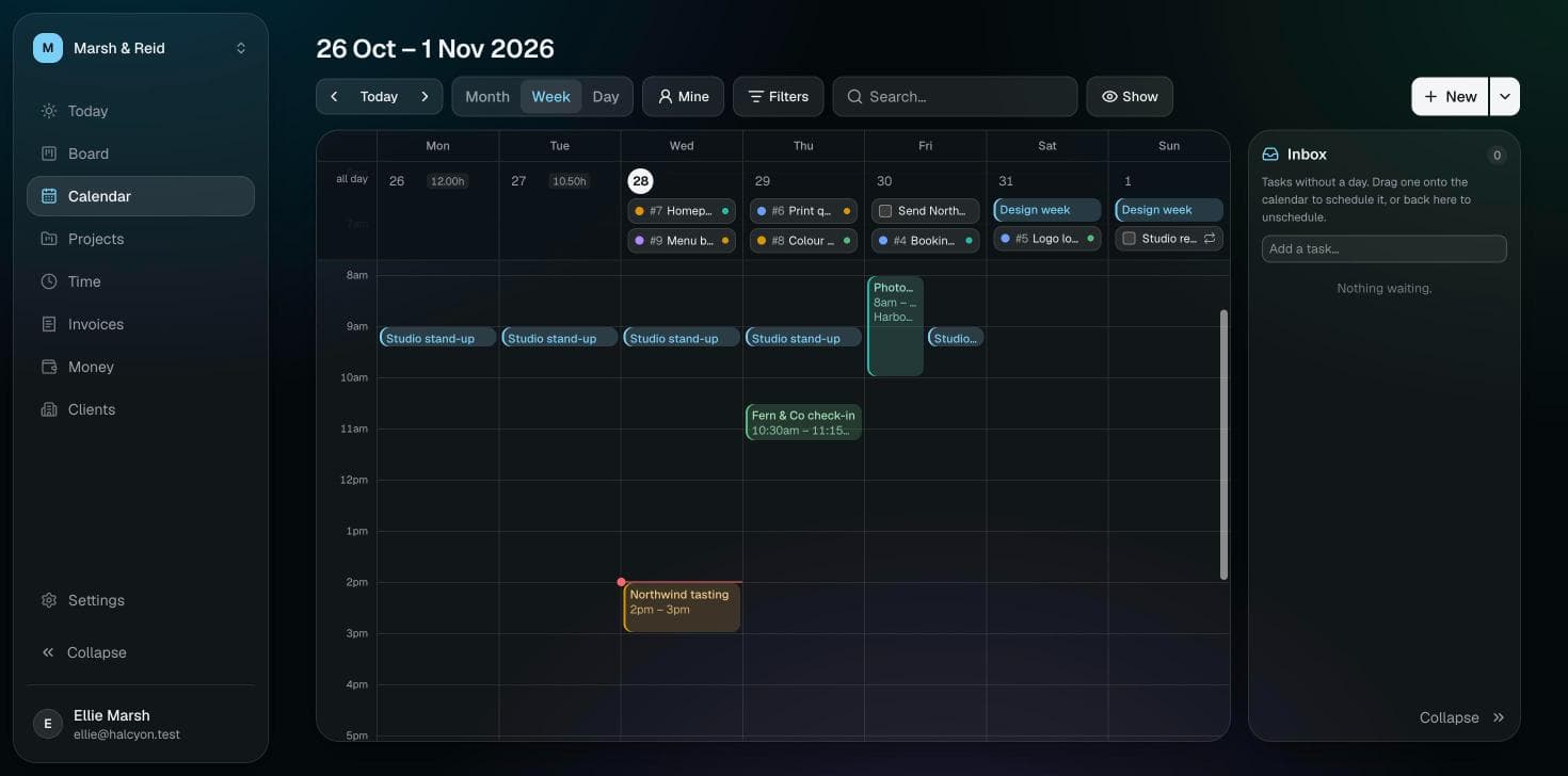 Halcyon’s calendar for a week: a daily stand-up, a client tasting and a check-in, with the week’s cards along the top.