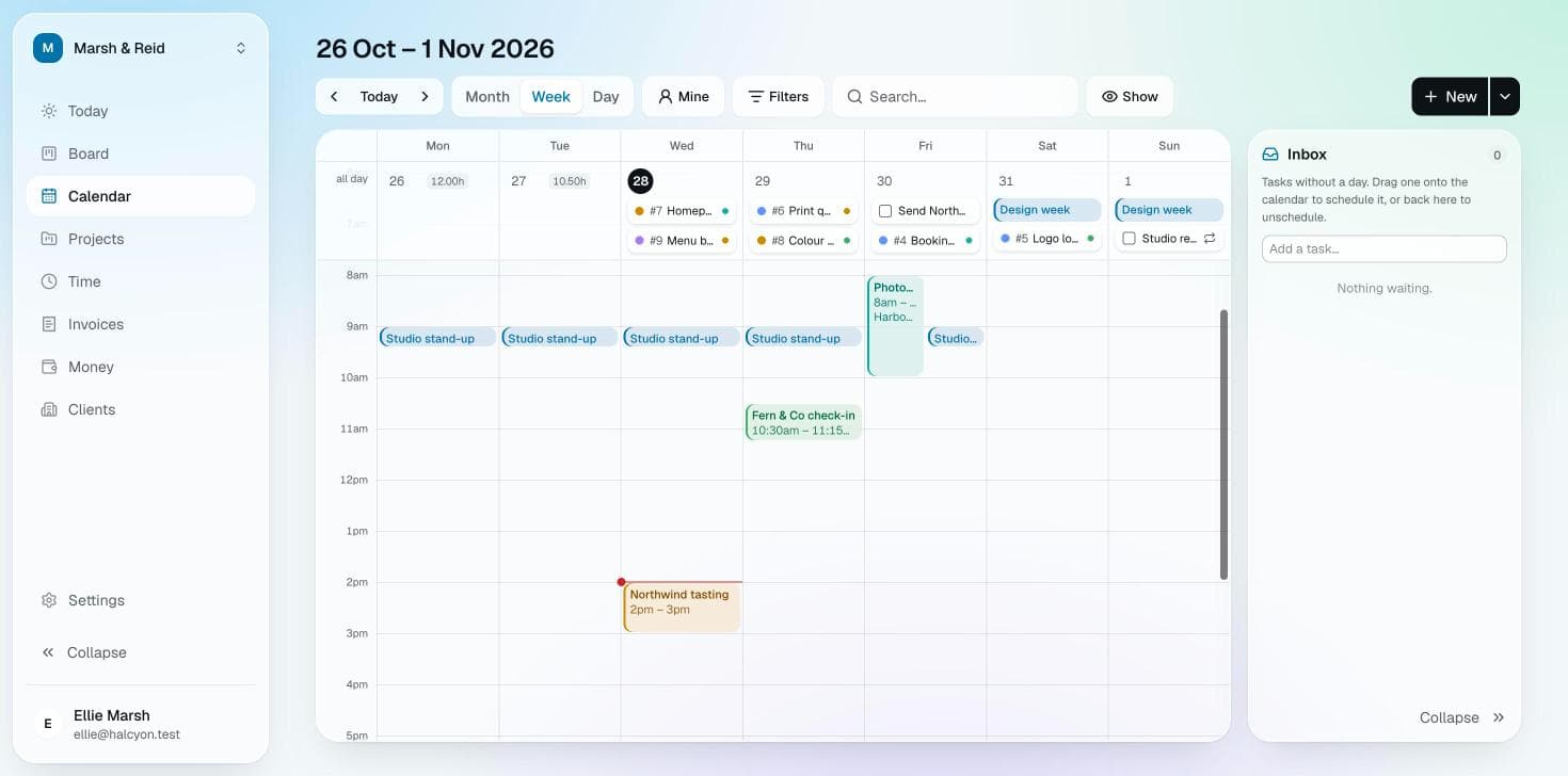 Halcyon’s calendar for a week: a daily stand-up, a client tasting and a check-in, with the week’s cards along the top.